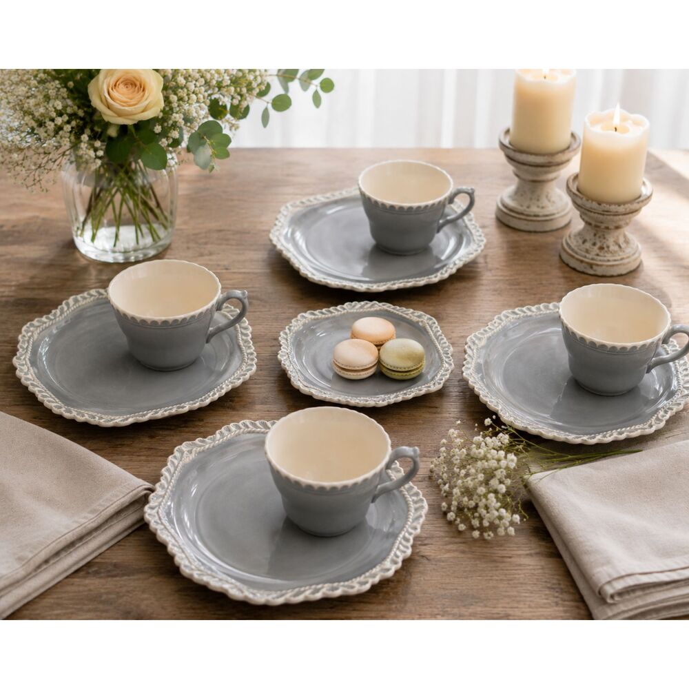 Vintage Harker Chesterton Gray Pate Sur Pate Pottery Snack Set 4 Cups & Plates